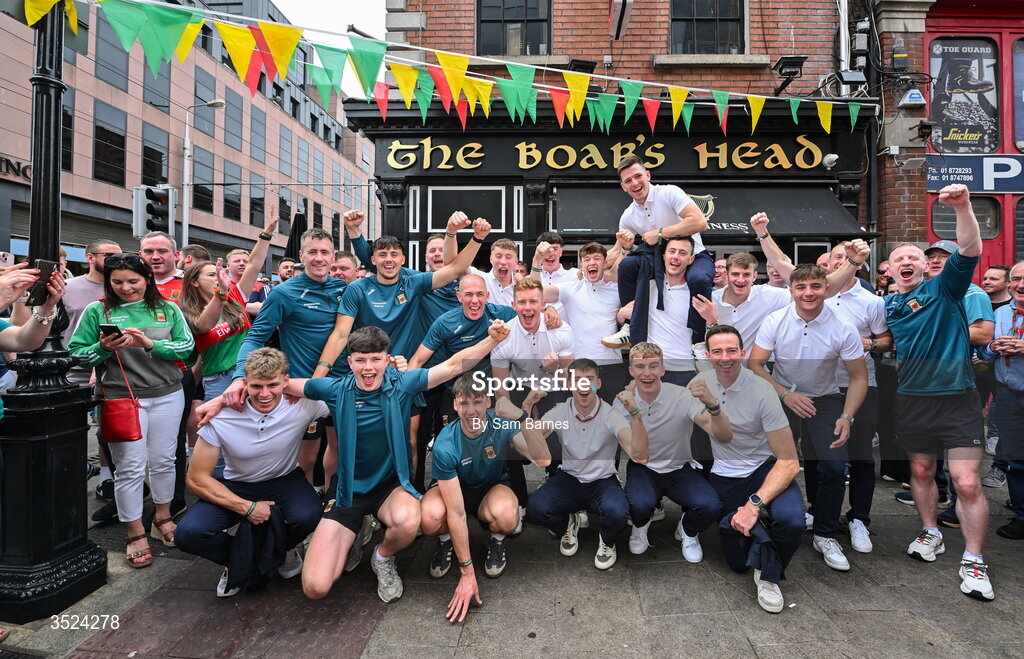 27 July 2026; Mayo players and staff celebrate at the Boar's Head on Capel Street, Dublin, after being crowned All-Ireland Senior Football champions following their victory over Kerry in the GAA All-Ireland Senior Football Championship final at Croke Park on Sunday. Photo by Sam Barnes/Sportsfile