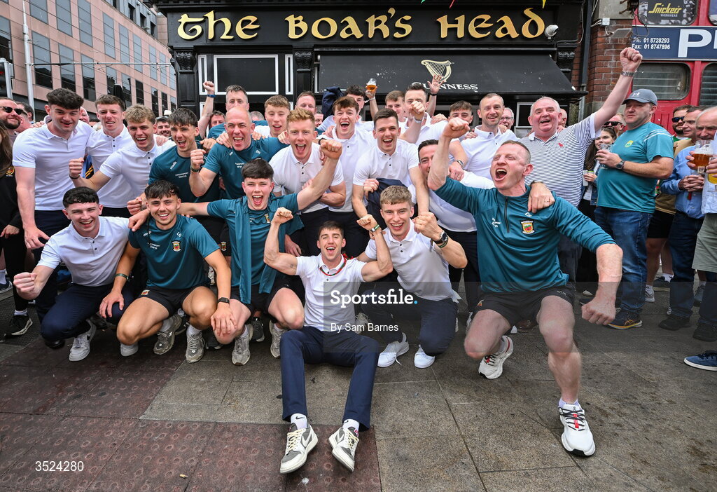 27 July 2026; Mayo players and staff celebrate with the Boar's Head landlord Hugh Hourican, right, at the Boar's Head on Capel Street, Dublin, after being crowned All-Ireland Senior Football champions following their victory over Kerry in the GAA All-Ireland Senior Football Championship final at Croke Park on Sunday. Photo by Sam Barnes/Sportsfile