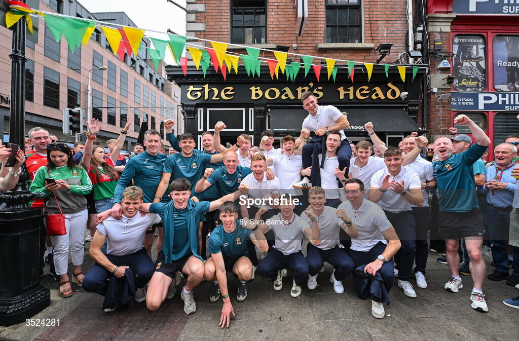 27 July 2026; Mayo players and staff celebrate at the Boar's Head on Capel Street, Dublin, after being crowned All-Ireland Senior Football champions following their victory over Kerry in the GAA All-Ireland Senior Football Championship final at Croke Park on Sunday. Photo by Sam Barnes/Sportsfile