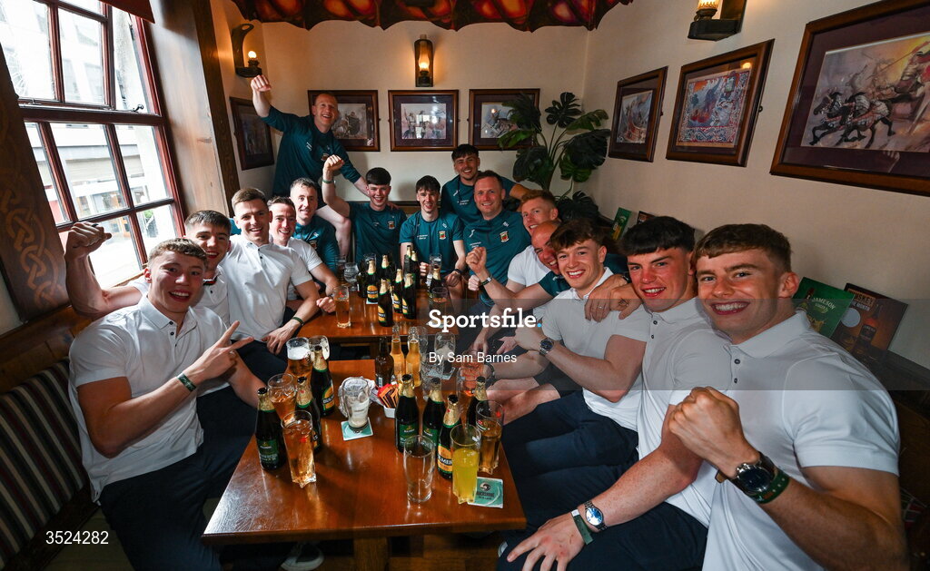 27 July 2026; Mayo players and staff celebrate at the Boar's Head on Capel Street, Dublin, after being crowned All-Ireland Senior Football champions following their victory over Kerry in the GAA All-Ireland Senior Football Championship final at Croke Park on Sunday. Photo by Sam Barnes/Sportsfile