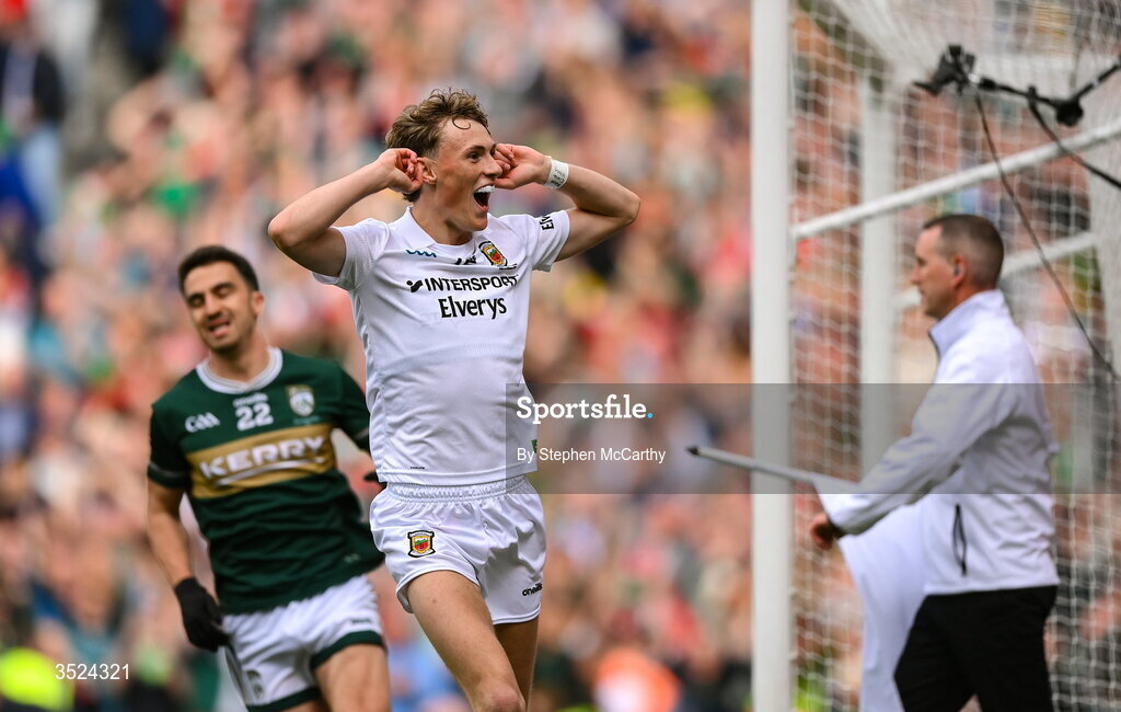 26 July 2026; Kobe McDonald of Mayo celebrates his side's final point of the game during the GAA Football All-Ireland Senior Championship final match between Kerry and Mayo at Croke Park in Dublin. Photo by Stephen McCarthy/Sportsfile
