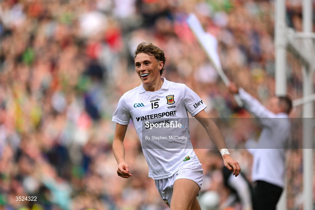 26 July 2026; Kobe McDonald of Mayo celebrates his side's final point of the game during the GAA Football All-Ireland Senior Championship final match between Kerry and Mayo at Croke Park in Dublin. Photo by Stephen McCarthy/Sportsfile