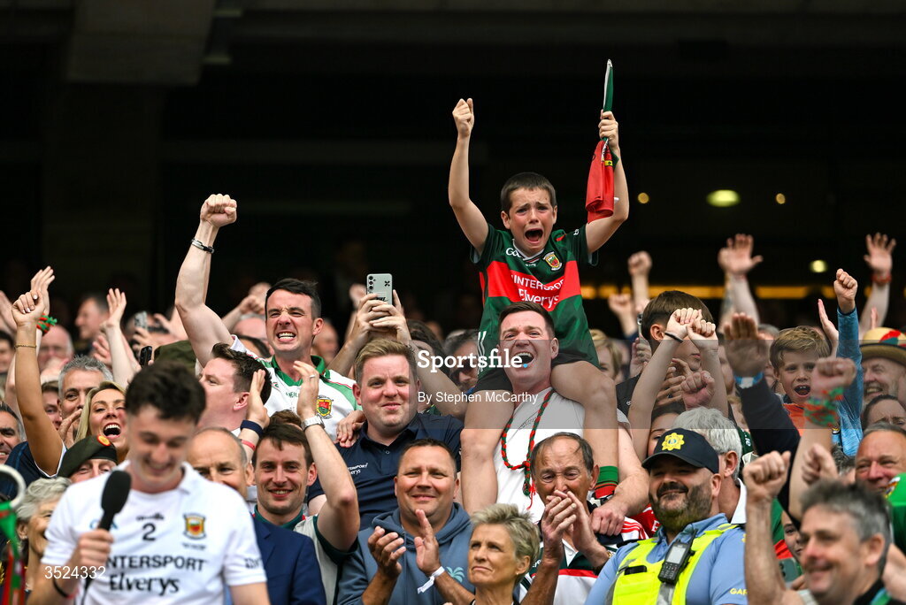 26 July 2026; Mayo supporters react as Mayo captain Jack Coyne makes a speech following the GAA Football All-Ireland Senior Championship final match between Kerry and Mayo at Croke Park in Dublin. Photo by Stephen McCarthy/Sportsfile