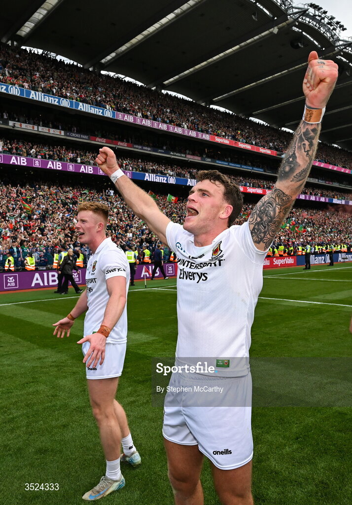 26 July 2026; Jordan Flynn of Mayo celebrates after the GAA Football All-Ireland Senior Championship final match between Kerry and Mayo at Croke Park in Dublin. Photo by Stephen McCarthy/Sportsfile
