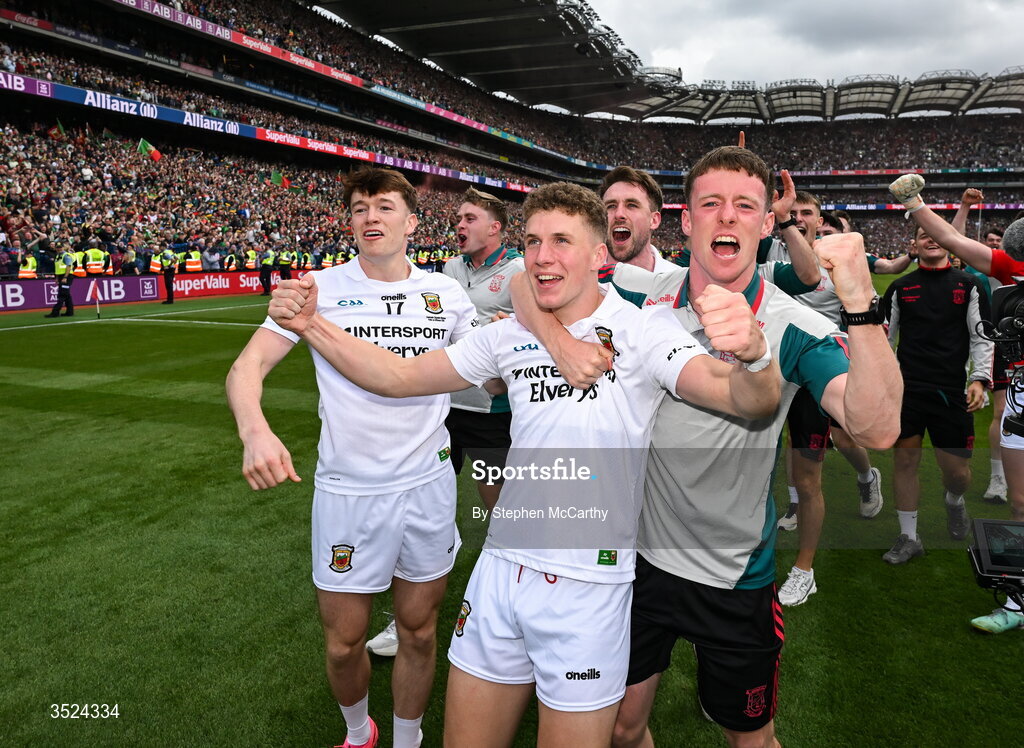 26 July 2026; Mayo's Cian McHale and Sean Morahan, right, celebrate after the GAA Football All-Ireland Senior Championship final match between Kerry and Mayo at Croke Park in Dublin. Photo by Stephen McCarthy/Sportsfile
