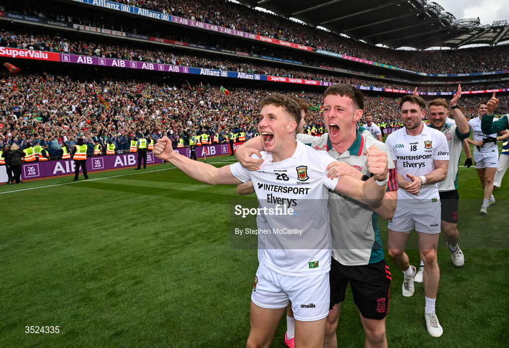 26 July 2026; Mayo's Cian McHale and Sean Morahan, right, celebrate after the GAA Football All-Ireland Senior Championship final match between Kerry and Mayo at Croke Park in Dublin. Photo by Stephen McCarthy/Sportsfile