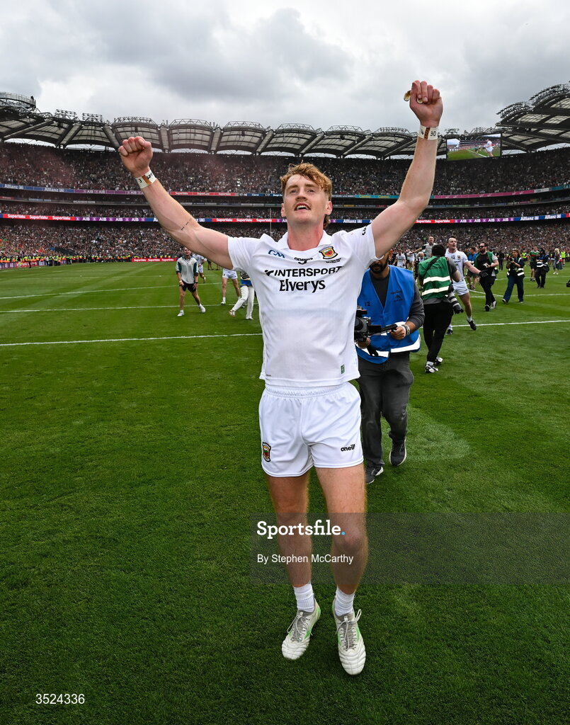 26 July 2026; Jack Carney of Mayo celebrates following the GAA Football All-Ireland Senior Championship final match between Kerry and Mayo at Croke Park in Dublin. Photo by Stephen McCarthy/Sportsfile