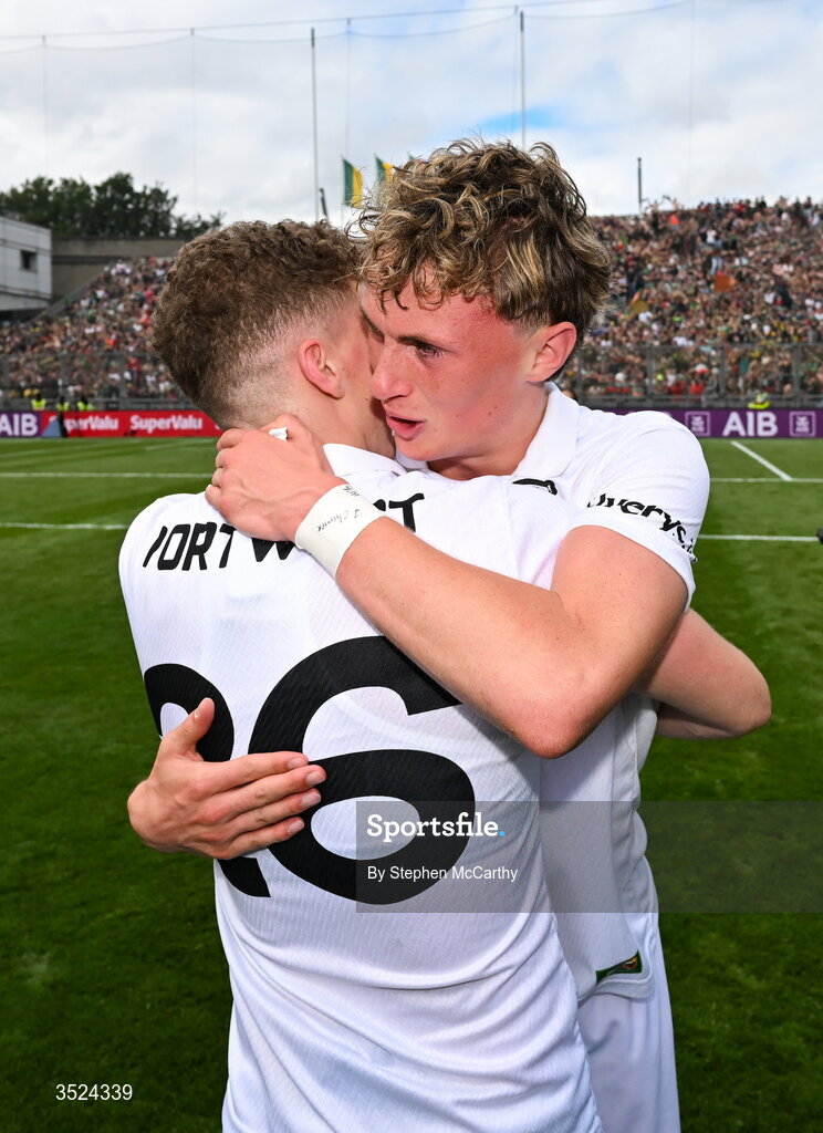 26 July 2026; Kobe McDonald and Cian McHale, 26, of Mayo celebrate after the GAA Football All-Ireland Senior Championship final match between Kerry and Mayo at Croke Park in Dublin. Photo by Stephen McCarthy/Sportsfile