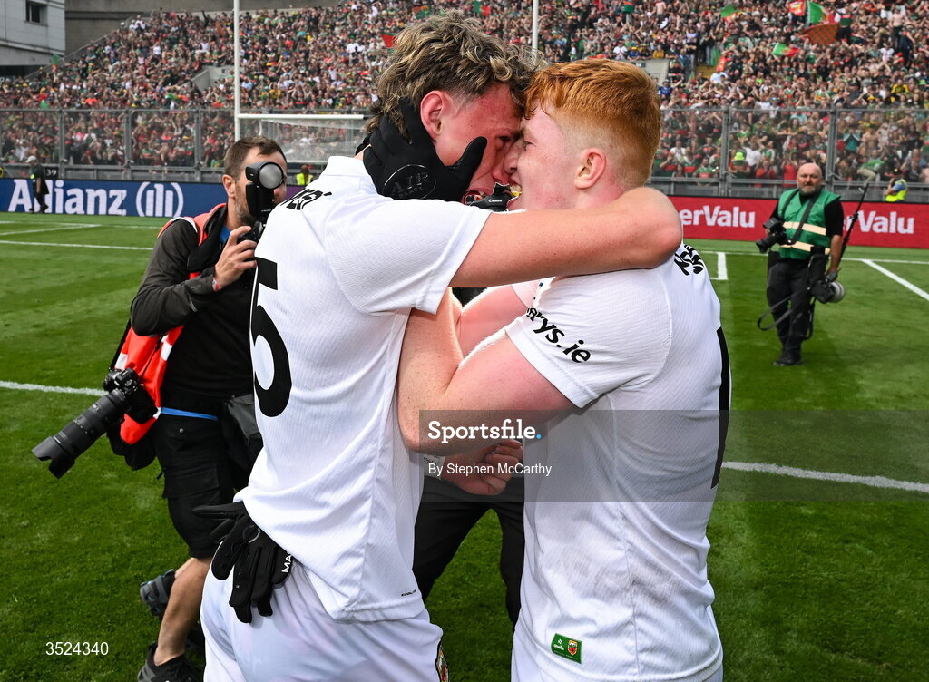 26 July 2026; Kobe McDonald and Darragh Beirne of Mayo celebrate after the GAA Football All-Ireland Senior Championship final match between Kerry and Mayo at Croke Park in Dublin. Photo by Stephen McCarthy/Sportsfile