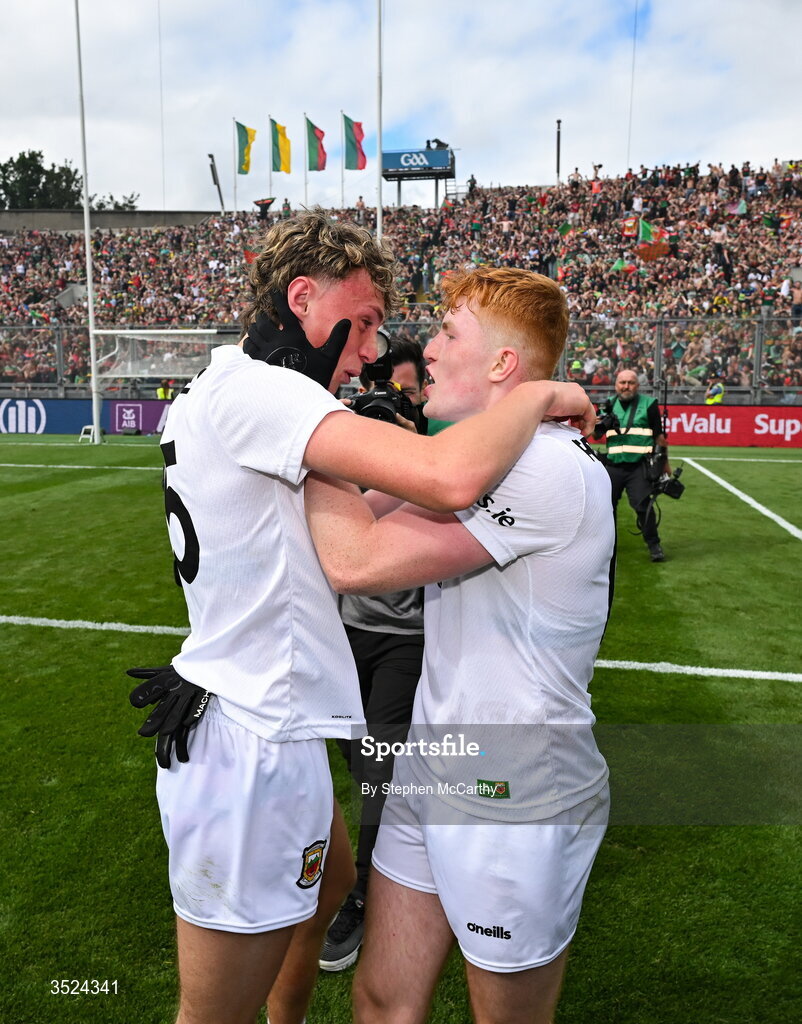 26 July 2026; Kobe McDonald and Darragh Beirne of Mayo celebrate after the GAA Football All-Ireland Senior Championship final match between Kerry and Mayo at Croke Park in Dublin. Photo by Stephen McCarthy/Sportsfile