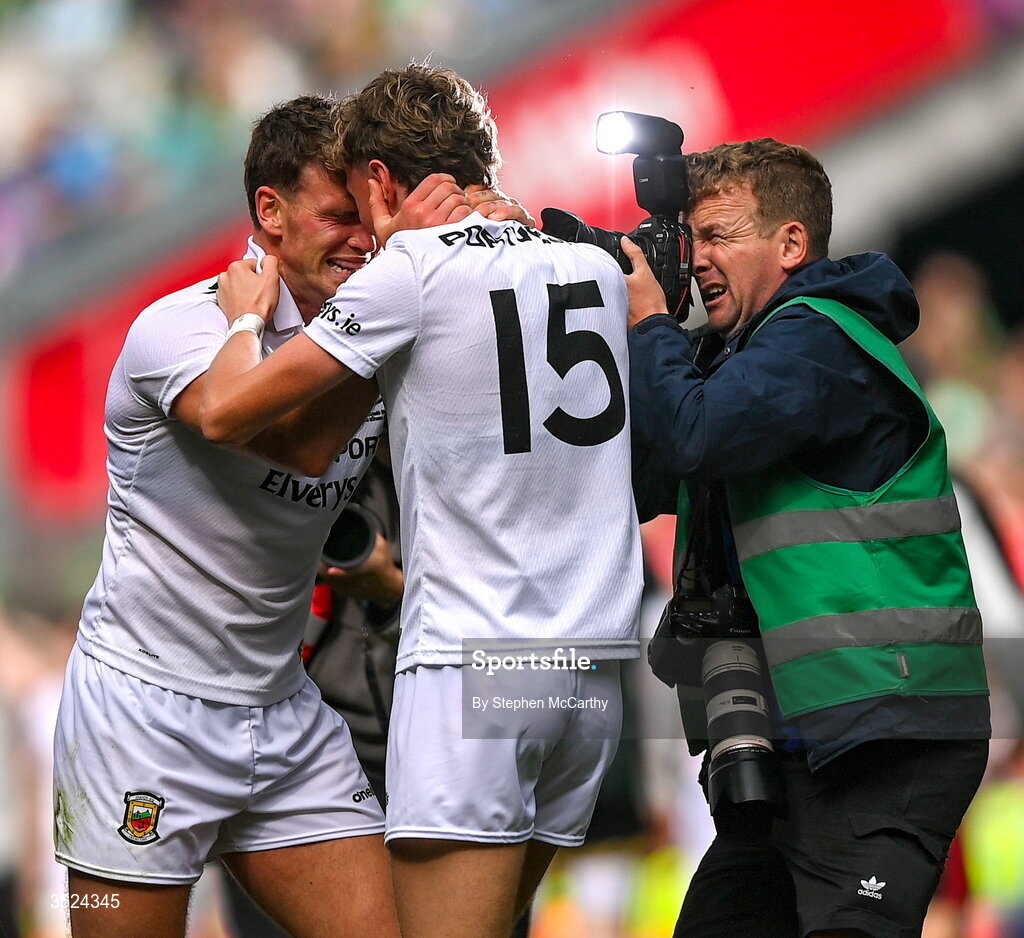 26 July 2026; Jordan Flynn, left, and Kobe McDonald of Mayo celebrates their side's victory in the GAA Football All-Ireland Senior Championship final match between Kerry and Mayo at Croke Park in Dublin. Photo by Stephen McCarthy/Sportsfile