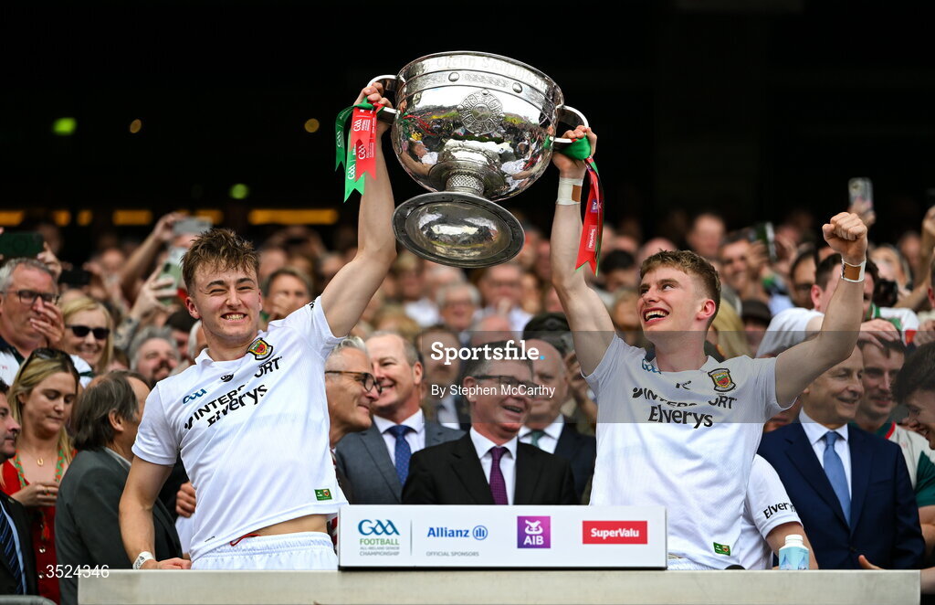 26 July 2026; Donnacha McHugh, left, and Stephen Coen of Mayo lift the Sam Maguire Cup following the GAA Football All-Ireland Senior Championship final match between Kerry and Mayo at Croke Park in Dublin. Photo by Stephen McCarthy/Sportsfile