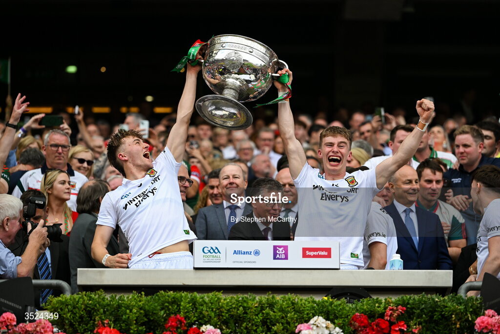 26 July 2026; Donnacha McHugh, left, and Stephen Coen of Mayo lift the Sam Maguire Cup following the GAA Football All-Ireland Senior Championship final match between Kerry and Mayo at Croke Park in Dublin. Photo by Stephen McCarthy/Sportsfile