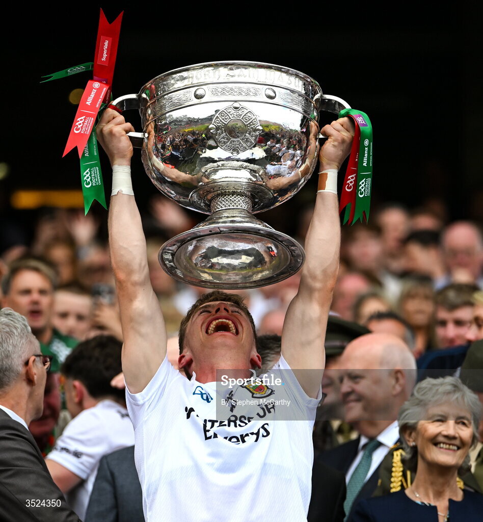 26 July 2026; Stephen Coen of Mayo lifts the Sam Maguire Cup following the GAA Football All-Ireland Senior Championship final match between Kerry and Mayo at Croke Park in Dublin. Photo by Stephen McCarthy/Sportsfile