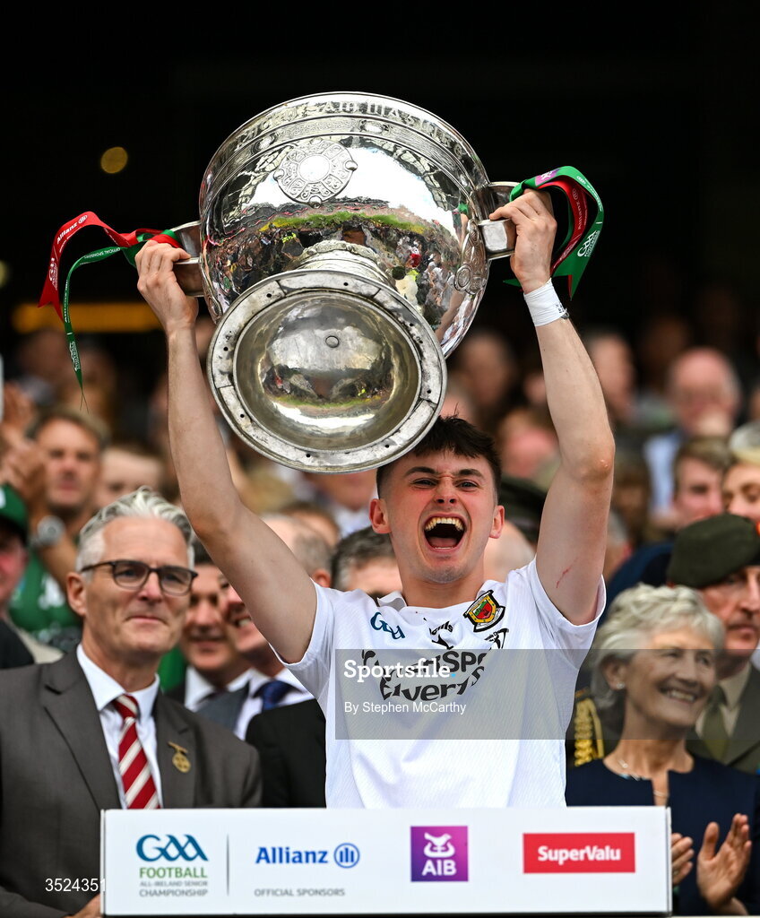 26 July 2026; Eoin McGreal of Mayo lifts the Sam Maguire Cup following the GAA Football All-Ireland Senior Championship final match between Kerry and Mayo at Croke Park in Dublin. Photo by Stephen McCarthy/Sportsfile