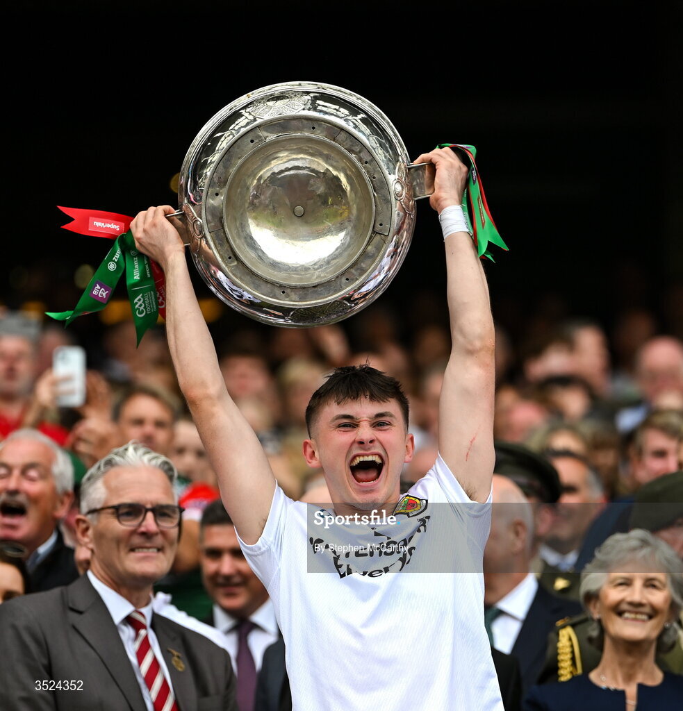 26 July 2026; Eoin McGreal of Mayo lifts the Sam Maguire Cup following the GAA Football All-Ireland Senior Championship final match between Kerry and Mayo at Croke Park in Dublin. Photo by Stephen McCarthy/Sportsfile