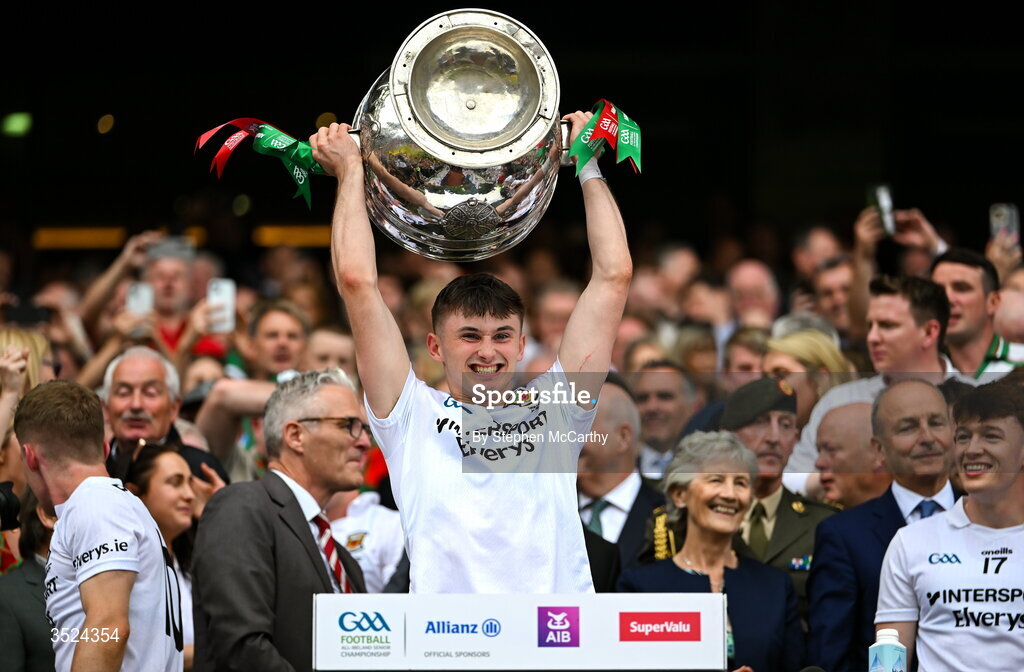 26 July 2026; Eoin McGreal of Mayo lifts the Sam Maguire Cup following the GAA Football All-Ireland Senior Championship final match between Kerry and Mayo at Croke Park in Dublin. Photo by Stephen McCarthy/Sportsfile