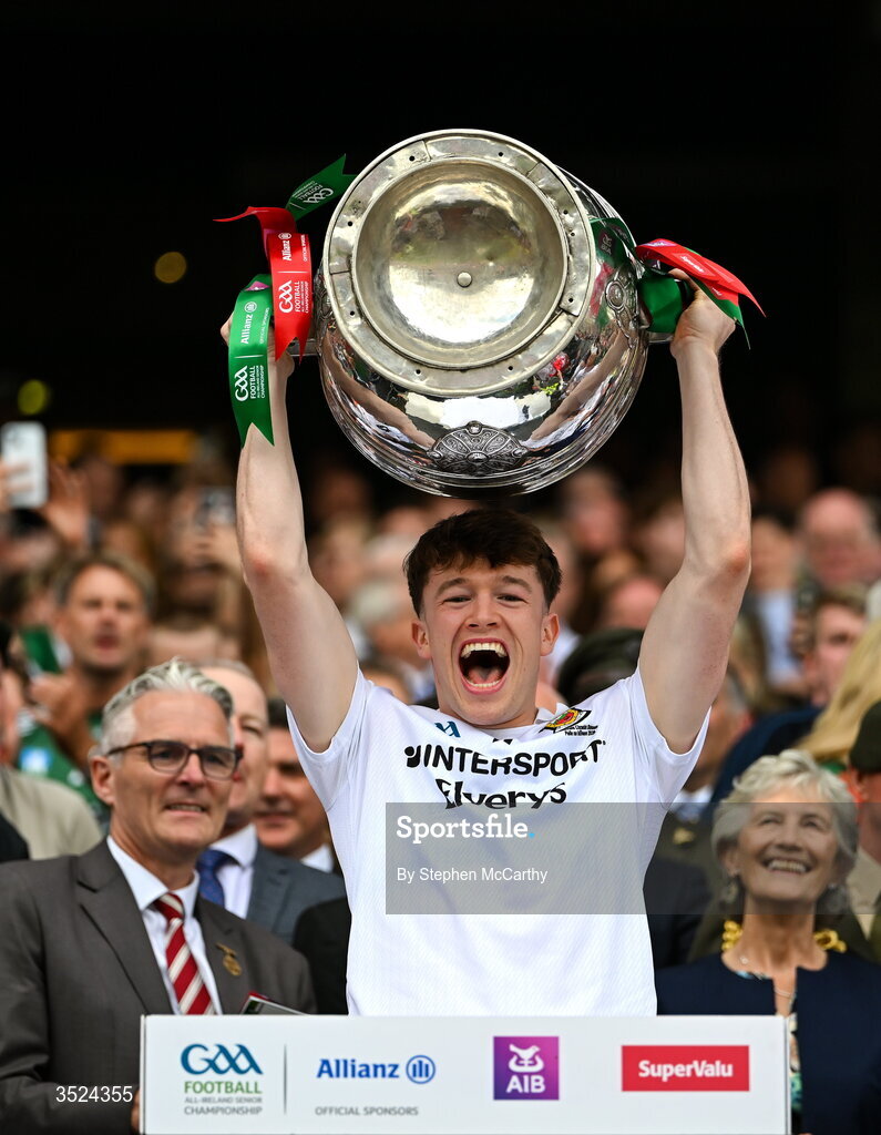 26 July 2026; Fenton Kelly of Mayo lifts the Sam Maguire Cup following the GAA Football All-Ireland Senior Championship final match between Kerry and Mayo at Croke Park in Dublin. Photo by Stephen McCarthy/Sportsfile
