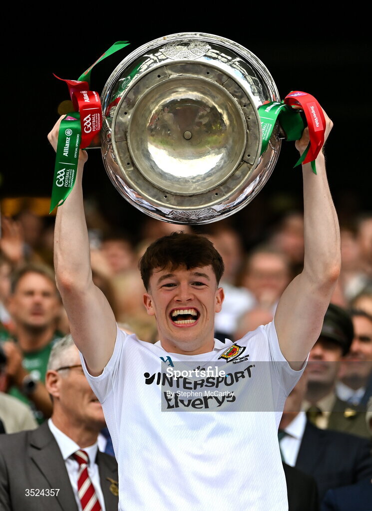 26 July 2026; Fenton Kelly of Mayo lifts the Sam Maguire Cup following the GAA Football All-Ireland Senior Championship final match between Kerry and Mayo at Croke Park in Dublin. Photo by Stephen McCarthy/Sportsfile