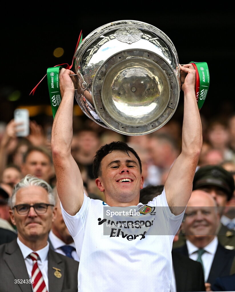 26 July 2026; Paul Towey of Mayo lifts the Sam Maguire Cup following the GAA Football All-Ireland Senior Championship final match between Kerry and Mayo at Croke Park in Dublin. Photo by Stephen McCarthy/Sportsfile