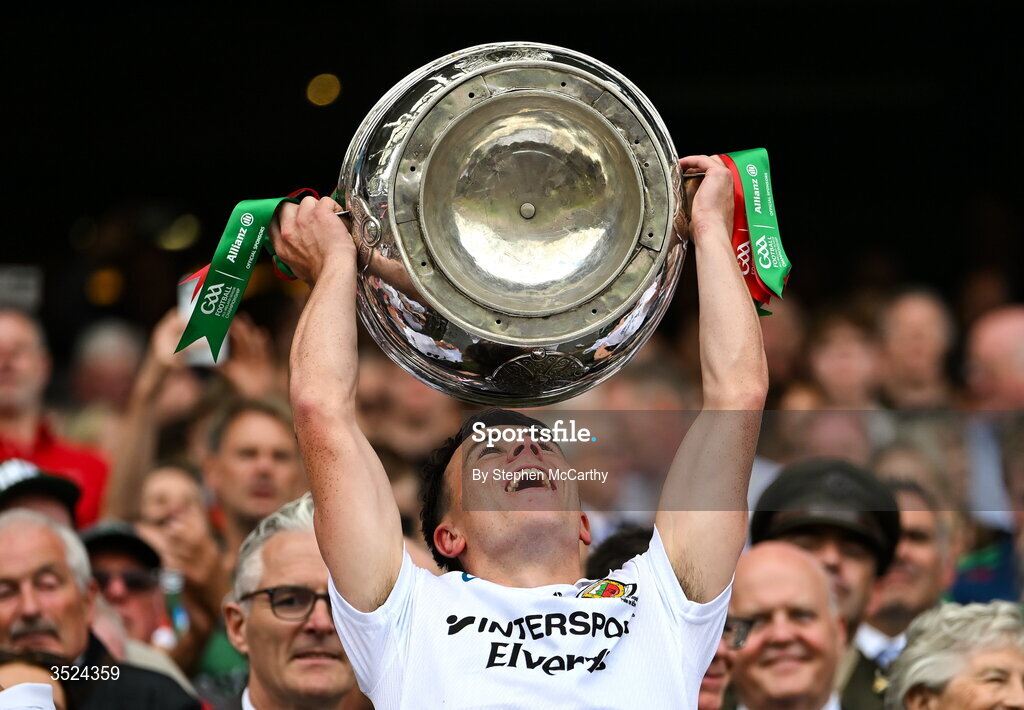 26 July 2026; Paul Towey of Mayo lifts the Sam Maguire Cup following the GAA Football All-Ireland Senior Championship final match between Kerry and Mayo at Croke Park in Dublin. Photo by Stephen McCarthy/Sportsfile