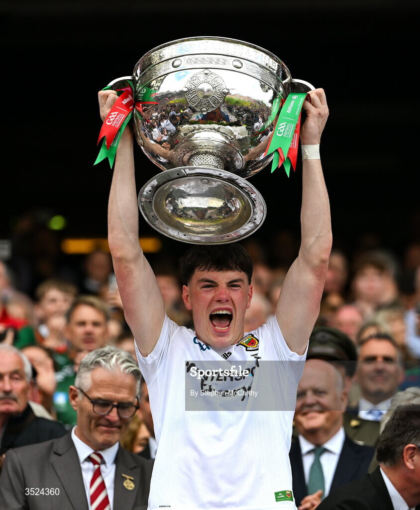 26 July 2026; Bob Tuohy of Mayo lifts the Sam Maguire Cup following the GAA Football All-Ireland Senior Championship final match between Kerry and Mayo at Croke Park in Dublin. Photo by Stephen McCarthy/Sportsfile