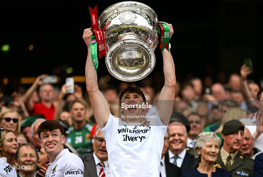 26 July 2026; Sam Callinan of Mayo lifts the Sam Maguire Cup following the GAA Football All-Ireland Senior Championship final match between Kerry and Mayo at Croke Park in Dublin. Photo by Stephen McCarthy/Sportsfile