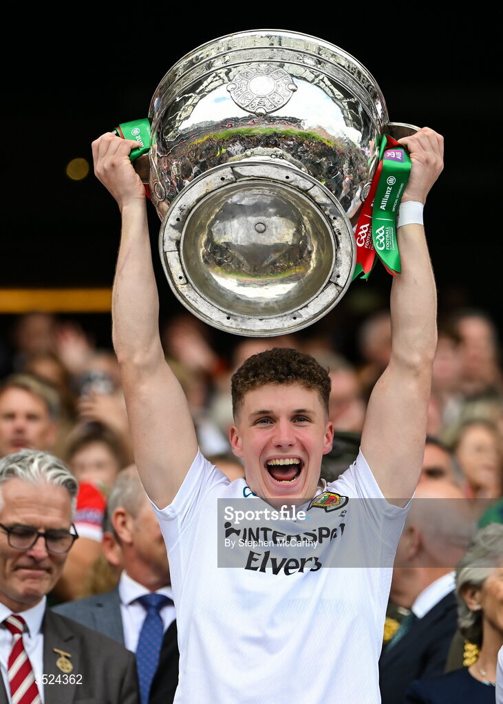 26 July 2026; Cian McHale of Mayo lifts the Sam Maguire Cup following the GAA Football All-Ireland Senior Championship final match between Kerry and Mayo at Croke Park in Dublin. Photo by Stephen McCarthy/Sportsfile