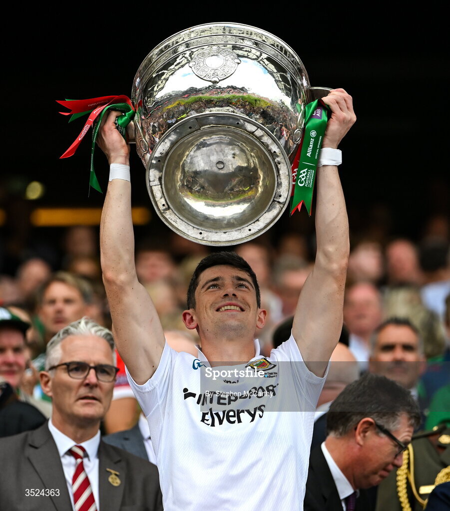 26 July 2026; Conor Loftus of Mayo lifts the Sam Maguire Cup following the GAA Football All-Ireland Senior Championship final match between Kerry and Mayo at Croke Park in Dublin. Photo by Stephen McCarthy/Sportsfile