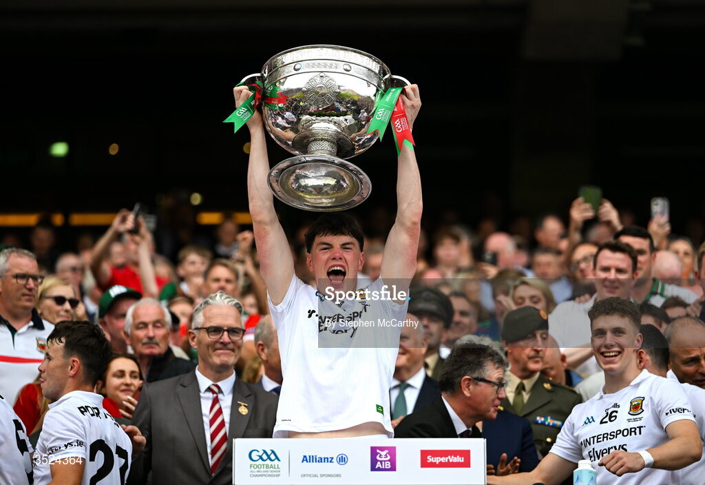 26 July 2026; Bob Tuohy of Mayo lifts the Sam Maguire Cup following the GAA Football All-Ireland Senior Championship final match between Kerry and Mayo at Croke Park in Dublin. Photo by Stephen McCarthy/Sportsfile
