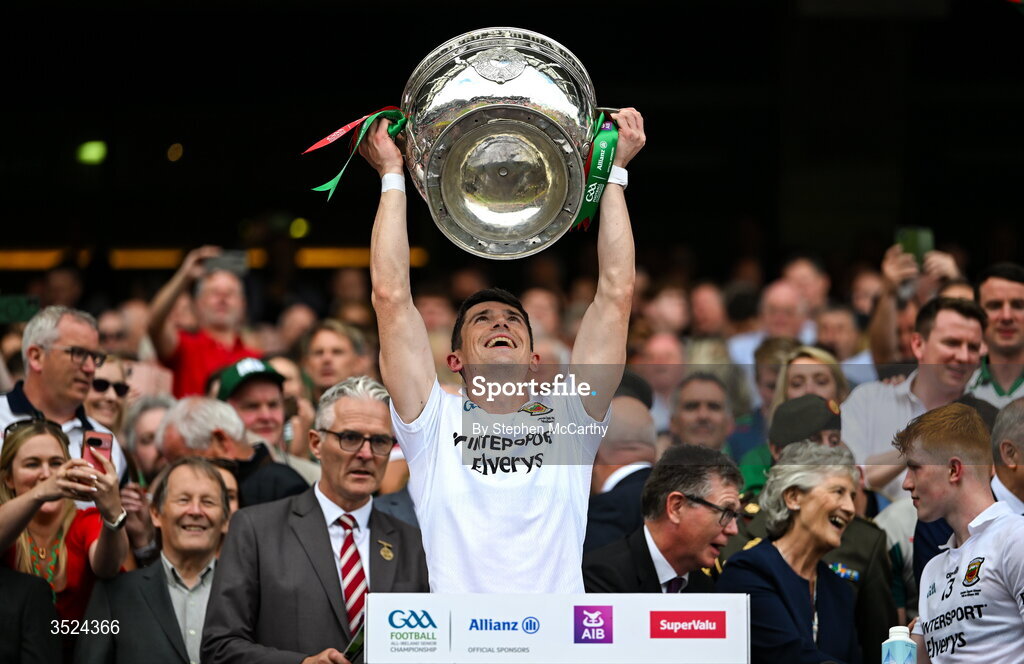 26 July 2026; Conor Loftus of Mayo lifts the Sam Maguire Cup following the GAA Football All-Ireland Senior Championship final match between Kerry and Mayo at Croke Park in Dublin. Photo by Stephen McCarthy/Sportsfile