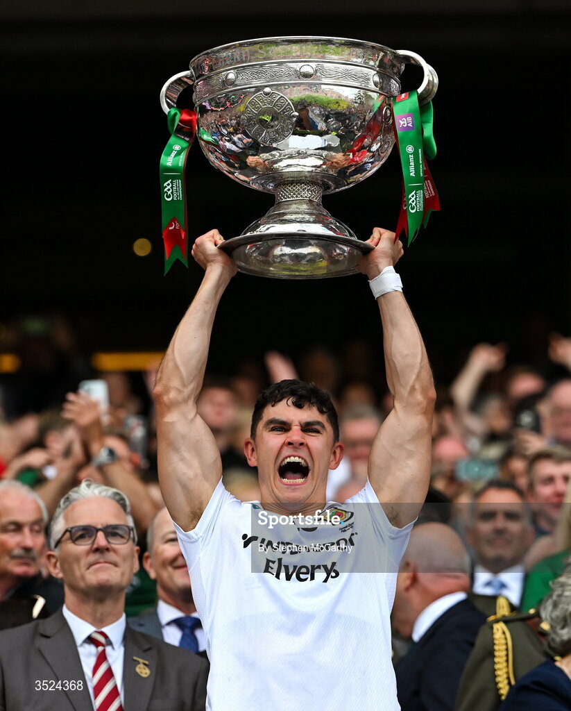 26 July 2026; Tommy Conroy of Mayo lifts the Sam Maguire Cup following the GAA Football All-Ireland Senior Championship final match between Kerry and Mayo at Croke Park in Dublin. Photo by Stephen McCarthy/Sportsfile