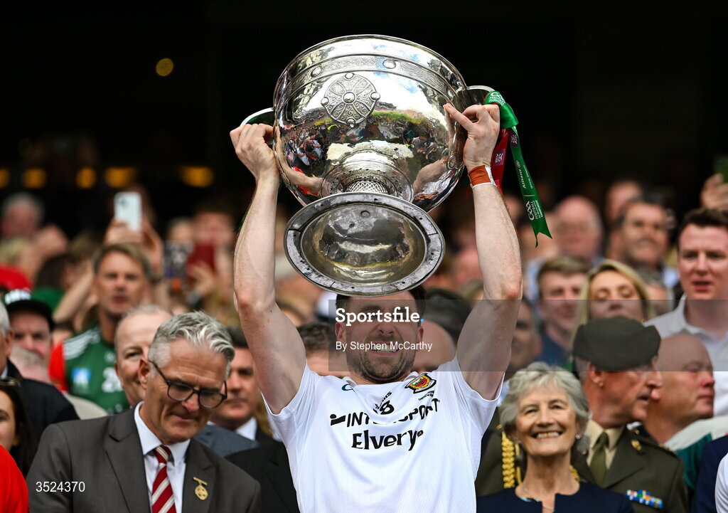 26 July 2026; Paddy Durcan of Mayo lifts the Sam Maguire Cup following the GAA Football All-Ireland Senior Championship final match between Kerry and Mayo at Croke Park in Dublin. Photo by Stephen McCarthy/Sportsfile