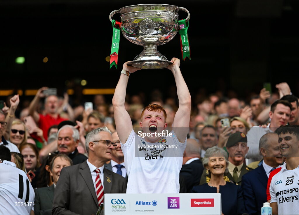 26 July 2026; Darragh Beirne of Mayo lifts the Sam Maguire Cup following the GAA Football All-Ireland Senior Championship final match between Kerry and Mayo at Croke Park in Dublin. Photo by Stephen McCarthy/Sportsfile