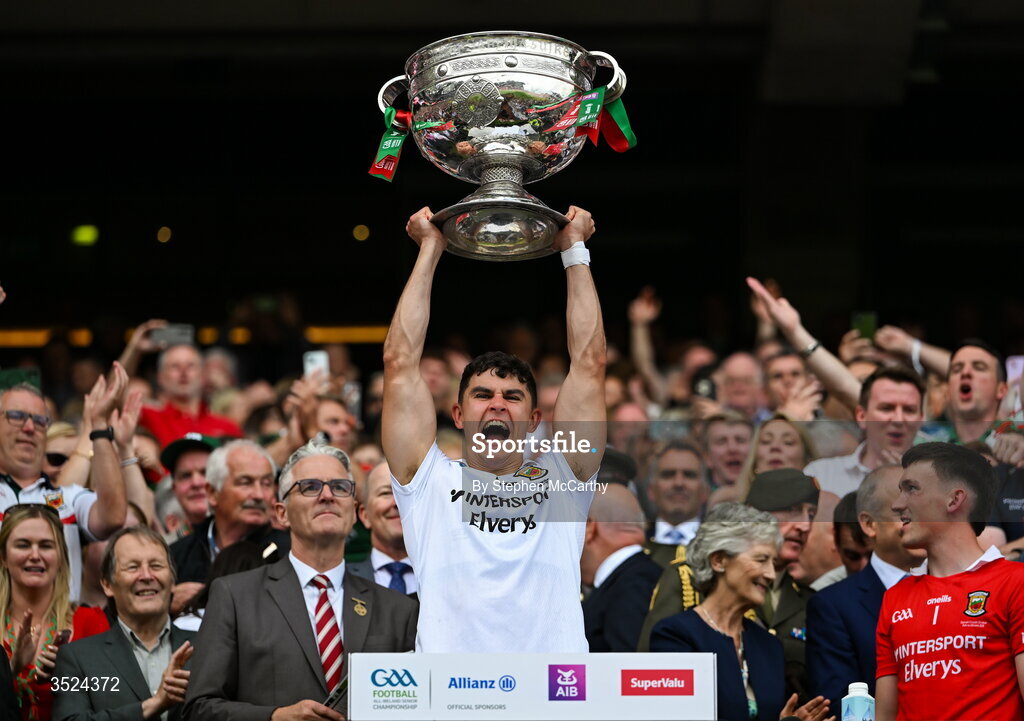 26 July 2026; Tommy Conroy of Mayo lifts the Sam Maguire Cup following the GAA Football All-Ireland Senior Championship final match between Kerry and Mayo at Croke Park in Dublin. Photo by Stephen McCarthy/Sportsfile