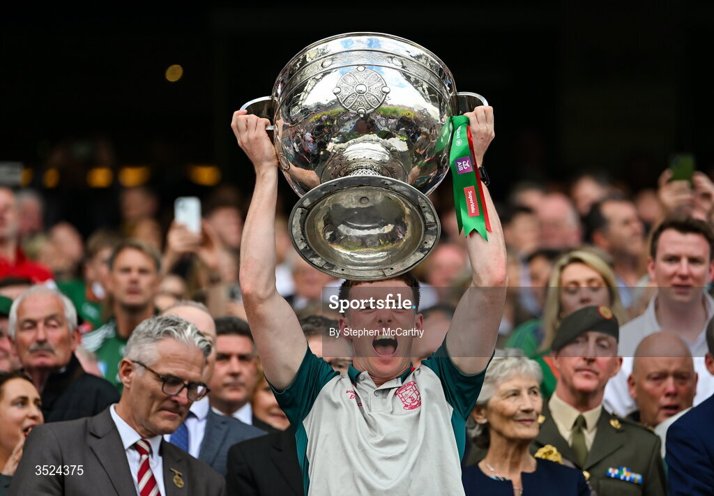 26 July 2026; Sean Morahan of Mayo lifts the Sam Maguire Cup following the GAA Football All-Ireland Senior Championship final match between Kerry and Mayo at Croke Park in Dublin. Photo by Stephen McCarthy/Sportsfile