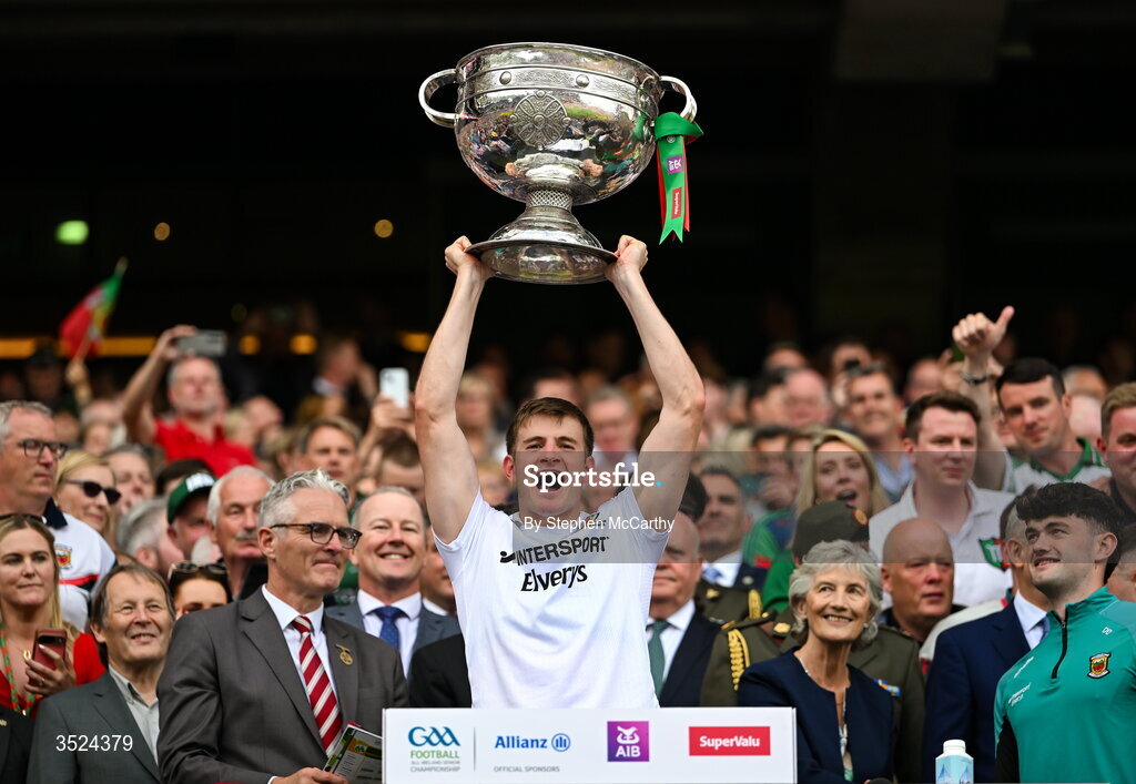 26 July 2026; Rory Brickenden of Mayo lifts the Sam Maguire Cup following the GAA Football All-Ireland Senior Championship final match between Kerry and Mayo at Croke Park in Dublin. Photo by Stephen McCarthy/Sportsfile