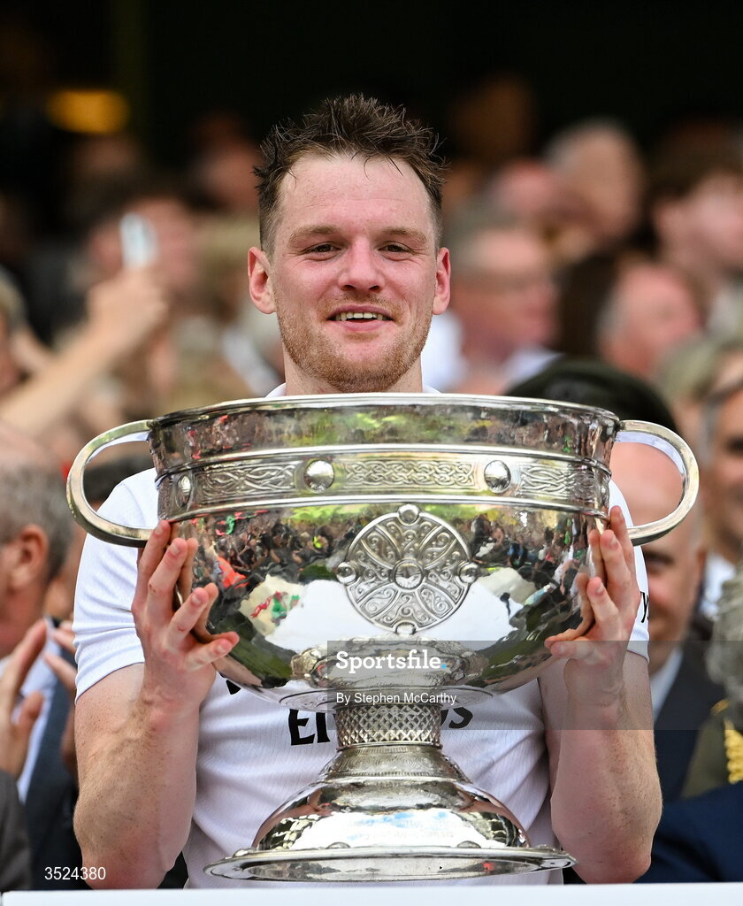 26 July 2026; Matthew Ruane of Mayo lifts the Sam Maguire Cup following the GAA Football All-Ireland Senior Championship final match between Kerry and Mayo at Croke Park in Dublin. Photo by Stephen McCarthy/Sportsfile