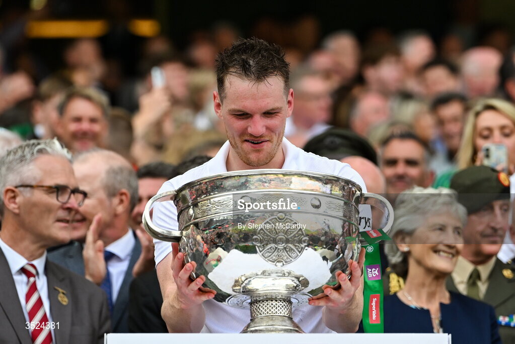 26 July 2026; Matthew Ruane of Mayo lifts the Sam Maguire Cup following the GAA Football All-Ireland Senior Championship final match between Kerry and Mayo at Croke Park in Dublin. Photo by Stephen McCarthy/Sportsfile