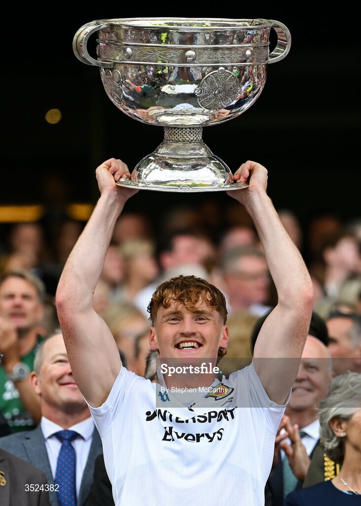 26 July 2026; Jack Carney of Mayo lifts the Sam Maguire Cup following the GAA Football All-Ireland Senior Championship final match between Kerry and Mayo at Croke Park in Dublin. Photo by Stephen McCarthy/Sportsfile