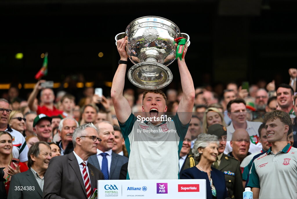 26 July 2026; Hugh O’Loughlin of Mayo lifts the Sam Maguire Cup following the GAA Football All-Ireland Senior Championship final match between Kerry and Mayo at Croke Park in Dublin. Photo by Stephen McCarthy/Sportsfile
