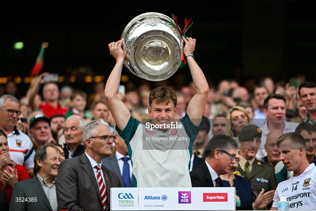 26 July 2026; Diarmuid Duffy of Mayo lifts the Sam Maguire Cup following the GAA Football All-Ireland Senior Championship final match between Kerry and Mayo at Croke Park in Dublin. Photo by Stephen McCarthy/Sportsfile