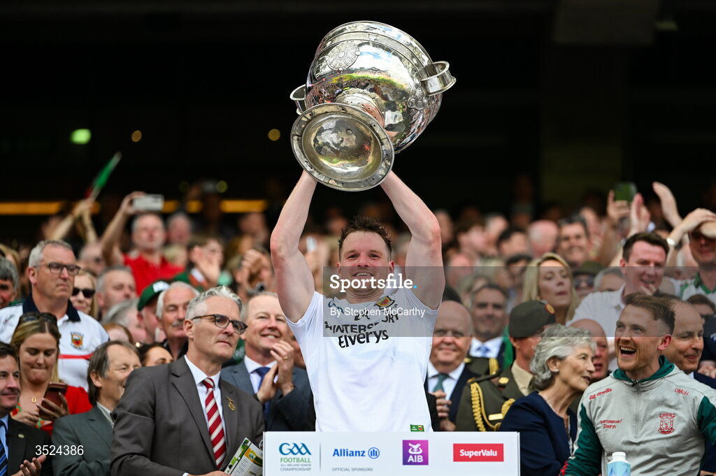 26 July 2026; Matthew Ruane of Mayo lifts the Sam Maguire Cup following the GAA Football All-Ireland Senior Championship final match between Kerry and Mayo at Croke Park in Dublin. Photo by Stephen McCarthy/Sportsfile