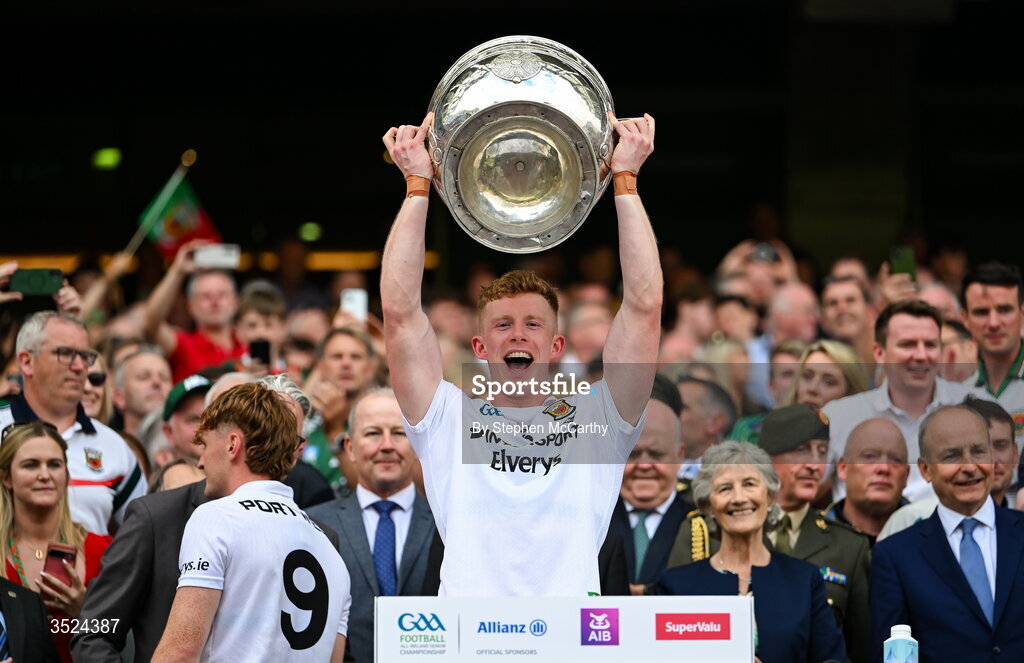 26 July 2026; David McBrien of Mayo lifts the Sam Maguire Cup following the GAA Football All-Ireland Senior Championship final match between Kerry and Mayo at Croke Park in Dublin. Photo by Stephen McCarthy/Sportsfile