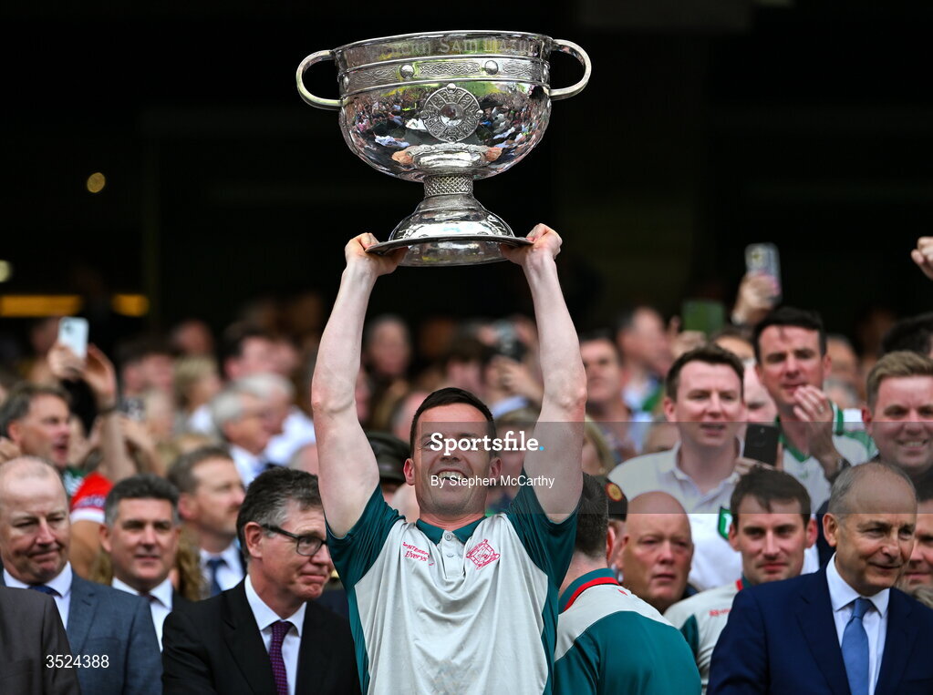 26 July 2026; Stephen Coen of Mayo lifts the Sam Maguire Cup following the GAA Football All-Ireland Senior Championship final match between Kerry and Mayo at Croke Park in Dublin. Photo by Stephen McCarthy/Sportsfile