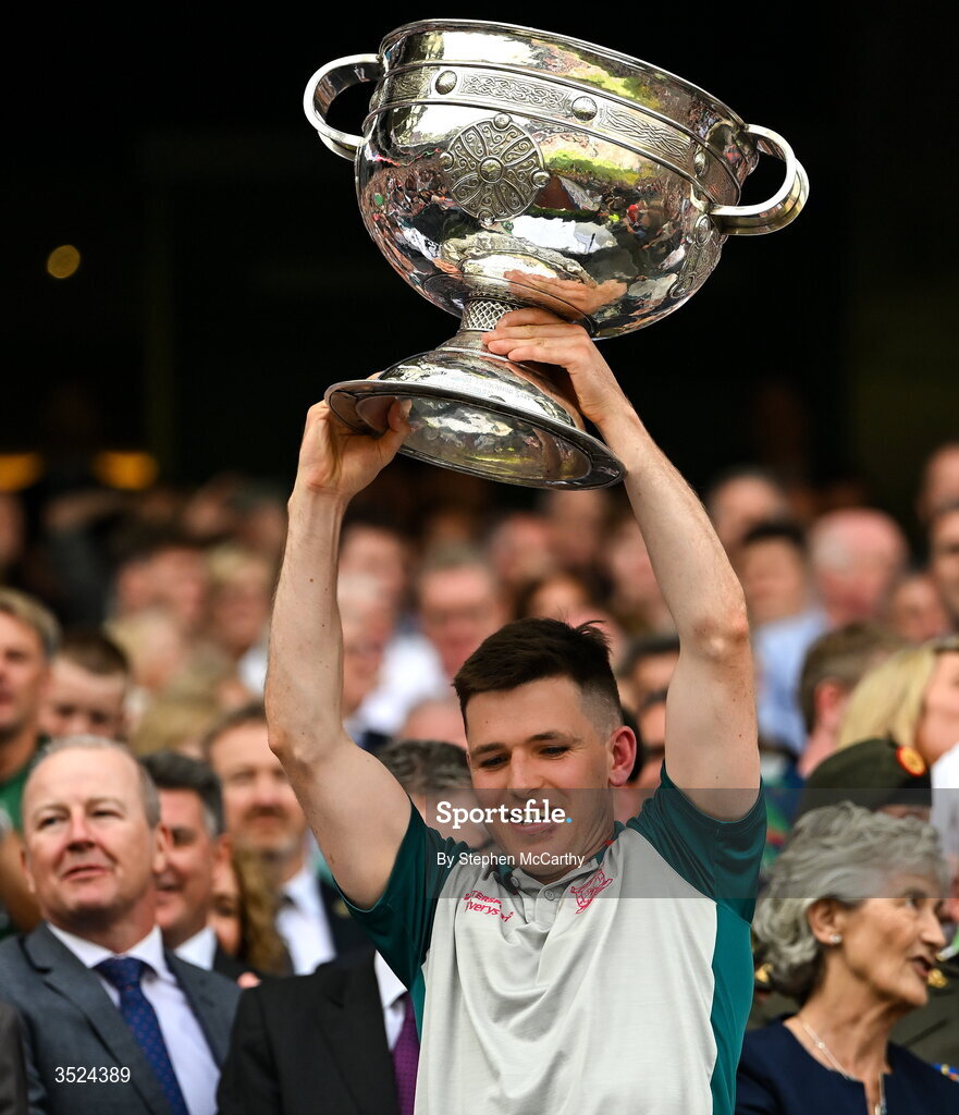 26 July 2026; Fergal Boland of Mayo lifts the Sam Maguire Cup following the GAA Football All-Ireland Senior Championship final match between Kerry and Mayo at Croke Park in Dublin. Photo by Stephen McCarthy/Sportsfile