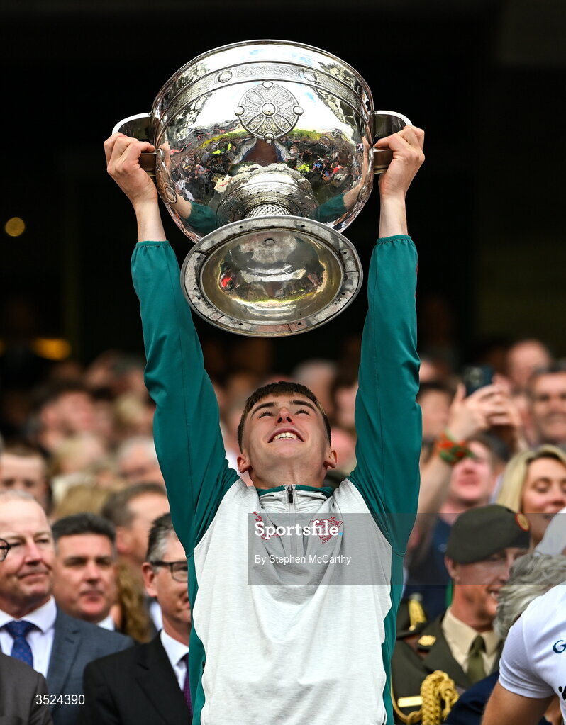 26 July 2026; Frank Irwin of Mayo lifts the Sam Maguire Cup following the GAA Football All-Ireland Senior Championship final match between Kerry and Mayo at Croke Park in Dublin. Photo by Stephen McCarthy/Sportsfile