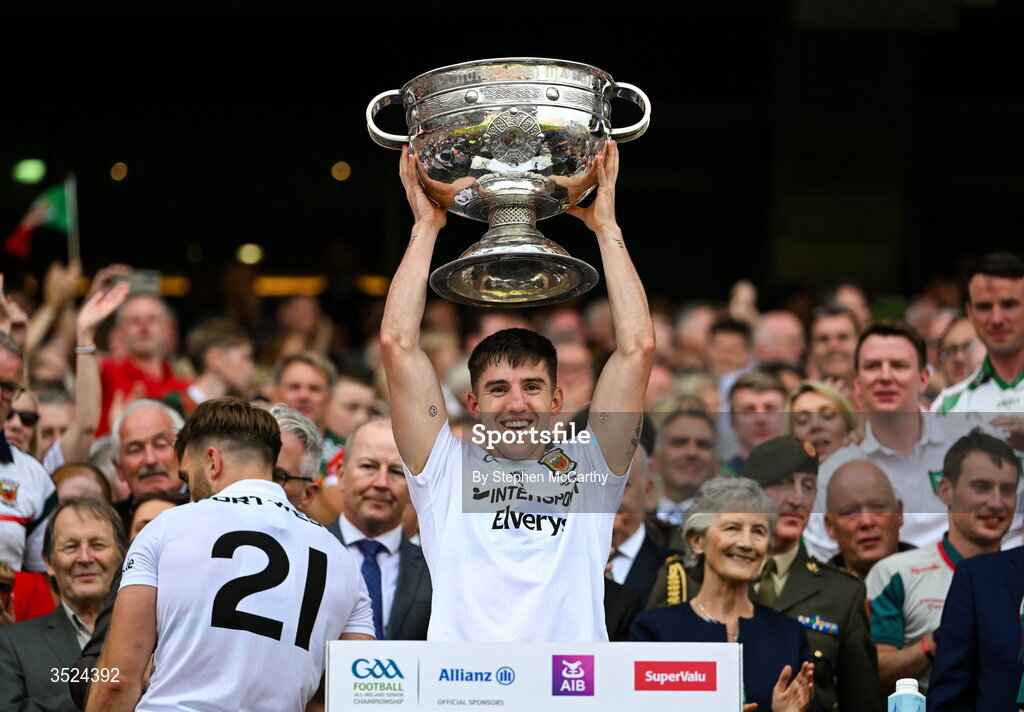 26 July 2026; Enda Hession of Mayo lifts the Sam Maguire Cup following the GAA Football All-Ireland Senior Championship final match between Kerry and Mayo at Croke Park in Dublin. Photo by Stephen McCarthy/Sportsfile