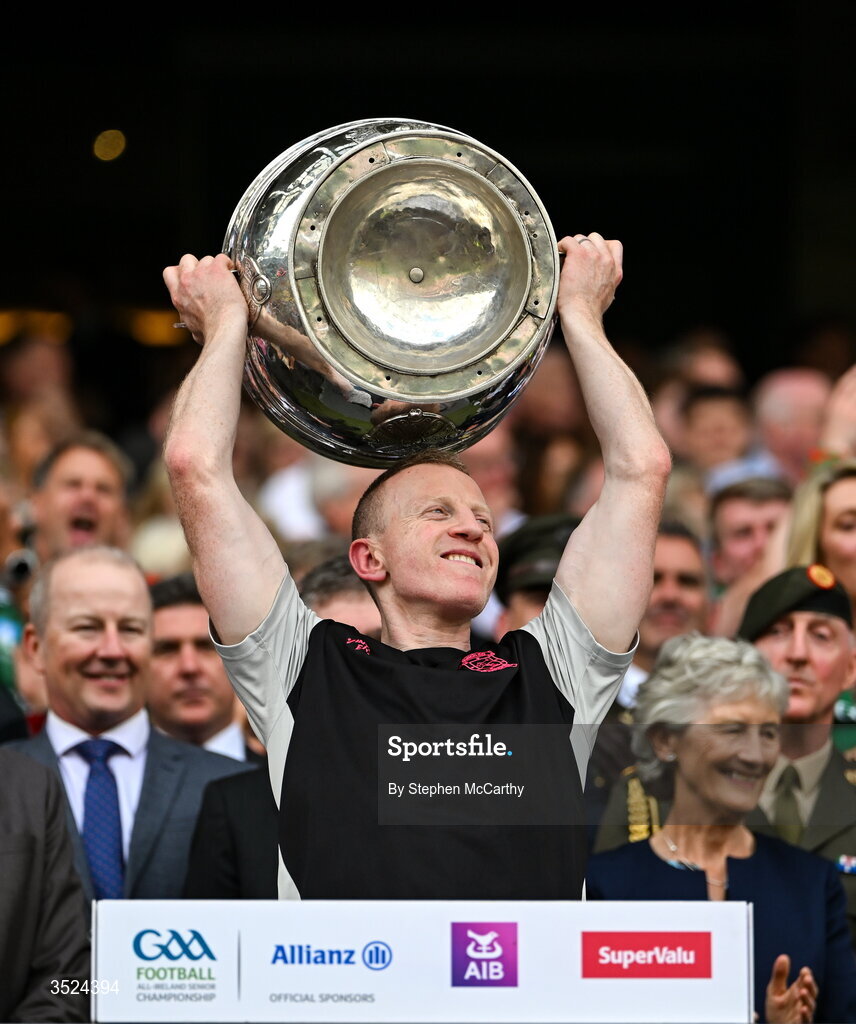 26 July 2026; Mayo selector Colm Boyle lift the Sam Maguire Cup following the GAA Football All-Ireland Senior Championship final match between Kerry and Mayo at Croke Park in Dublin. Photo by Stephen McCarthy/Sportsfile