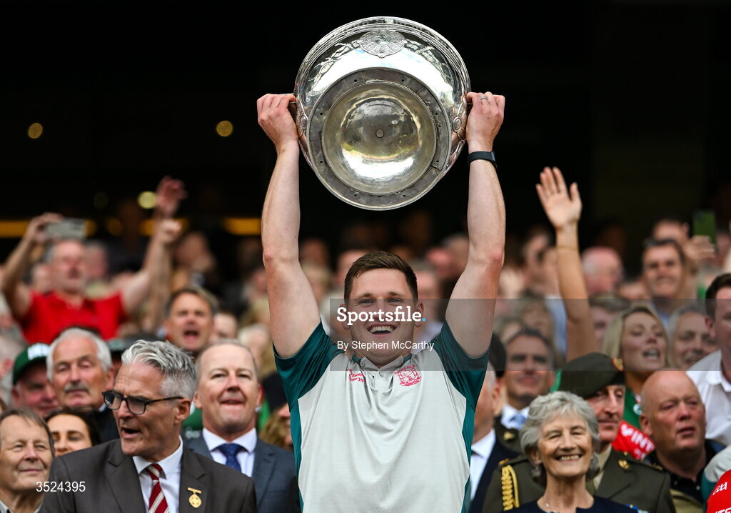 26 July 2026; James Carr of Mayo lifts the Sam Maguire Cup following the GAA Football All-Ireland Senior Championship final match between Kerry and Mayo at Croke Park in Dublin. Photo by Stephen McCarthy/Sportsfile